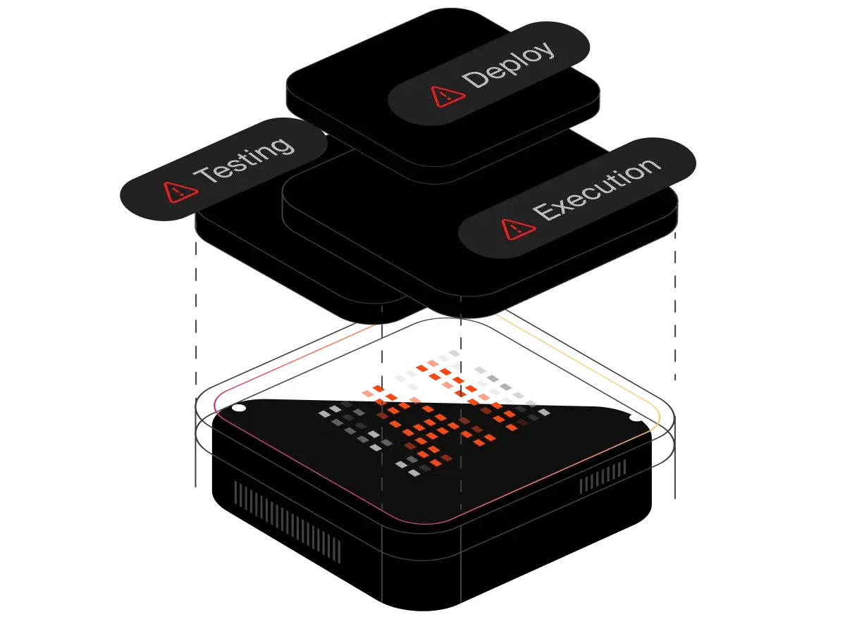 AI deployment illustration showing testing, deploy, and execution stages